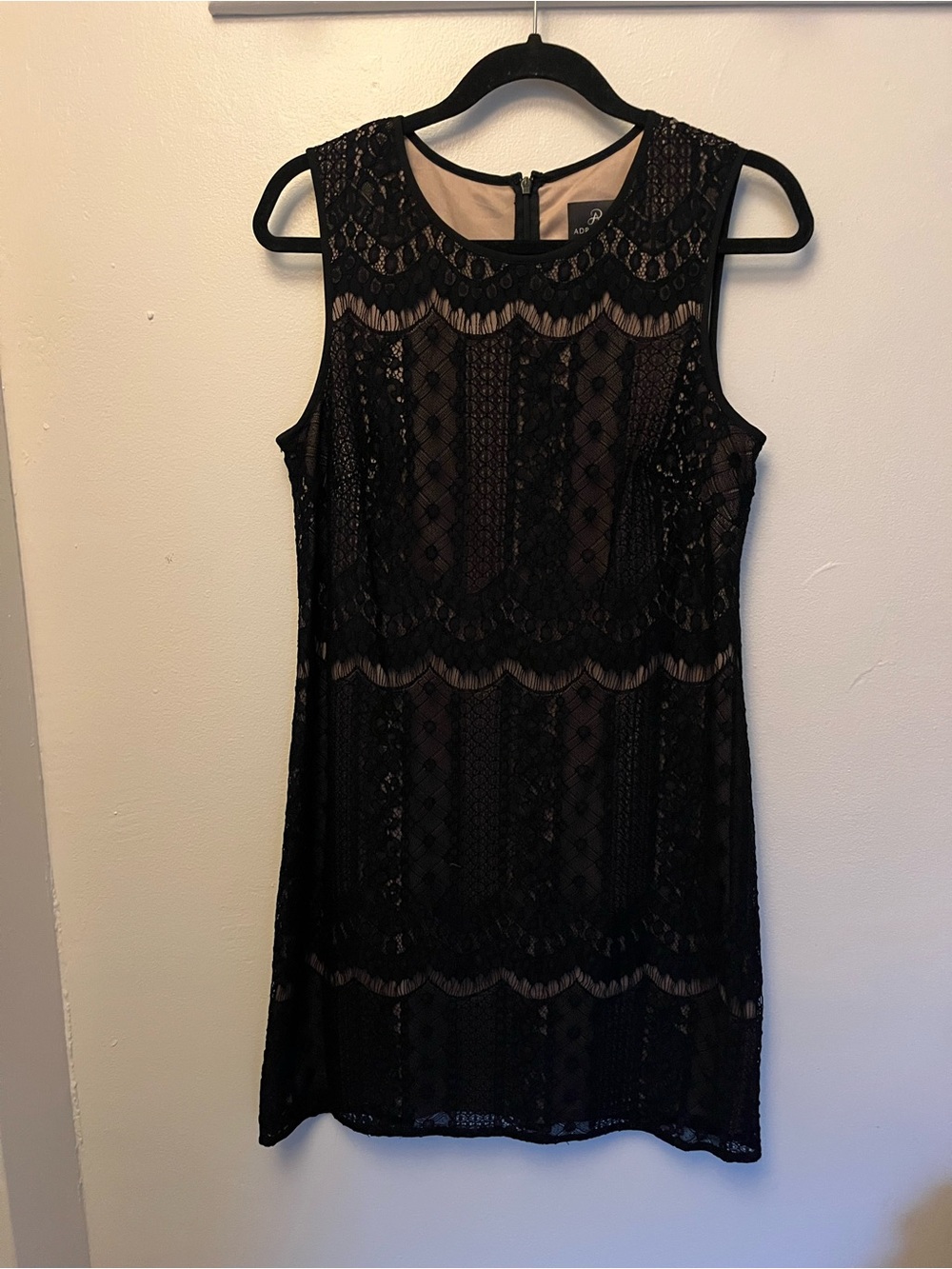 Adrianna Papell Black Lace Mini Dress with Nude Lining